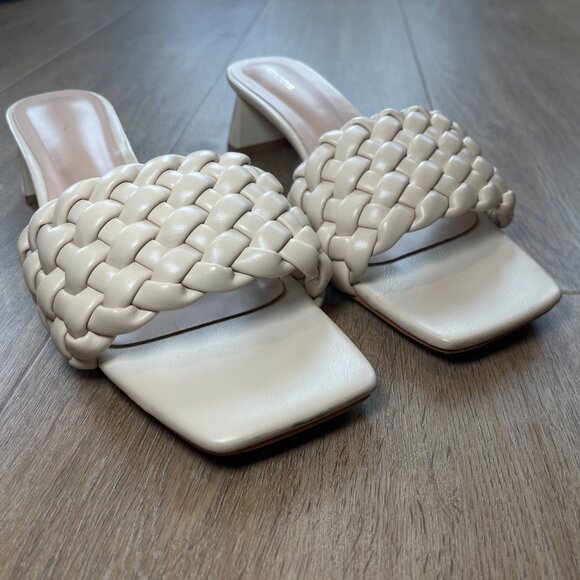 Cream Plaited Strap Low Block Flare Heel Mules - Picture 2 of 11